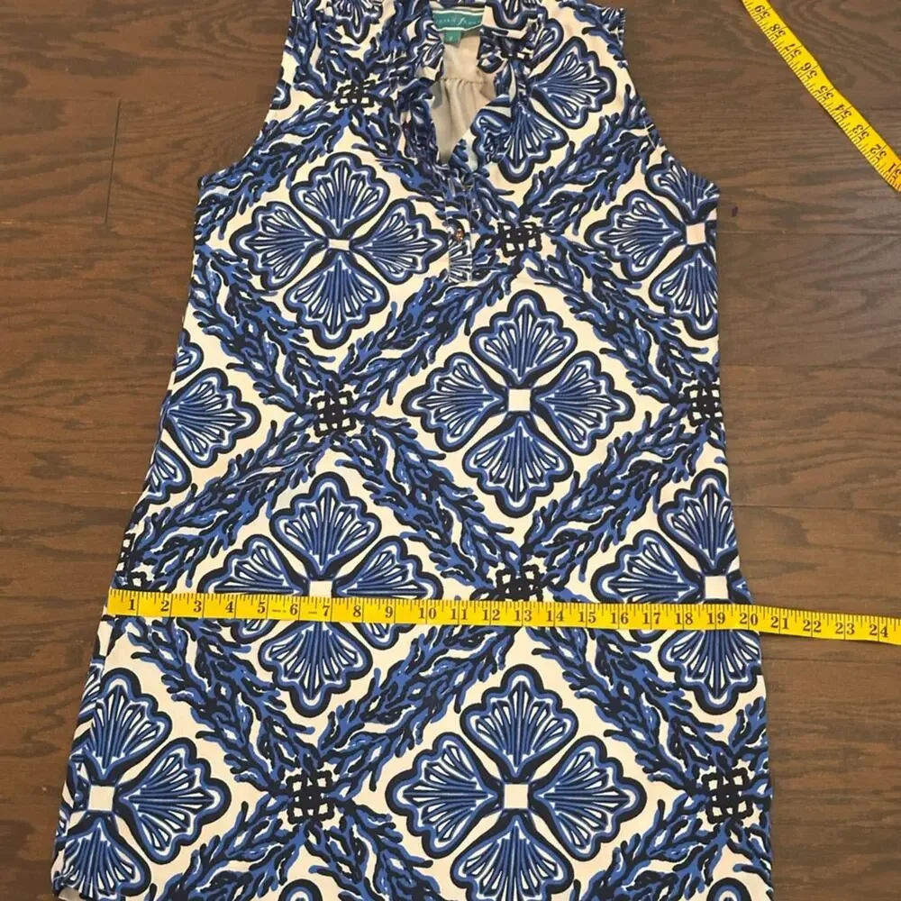Southern Frock Blue White Sleeveless Ruffle Neck Shift Dress Size Small